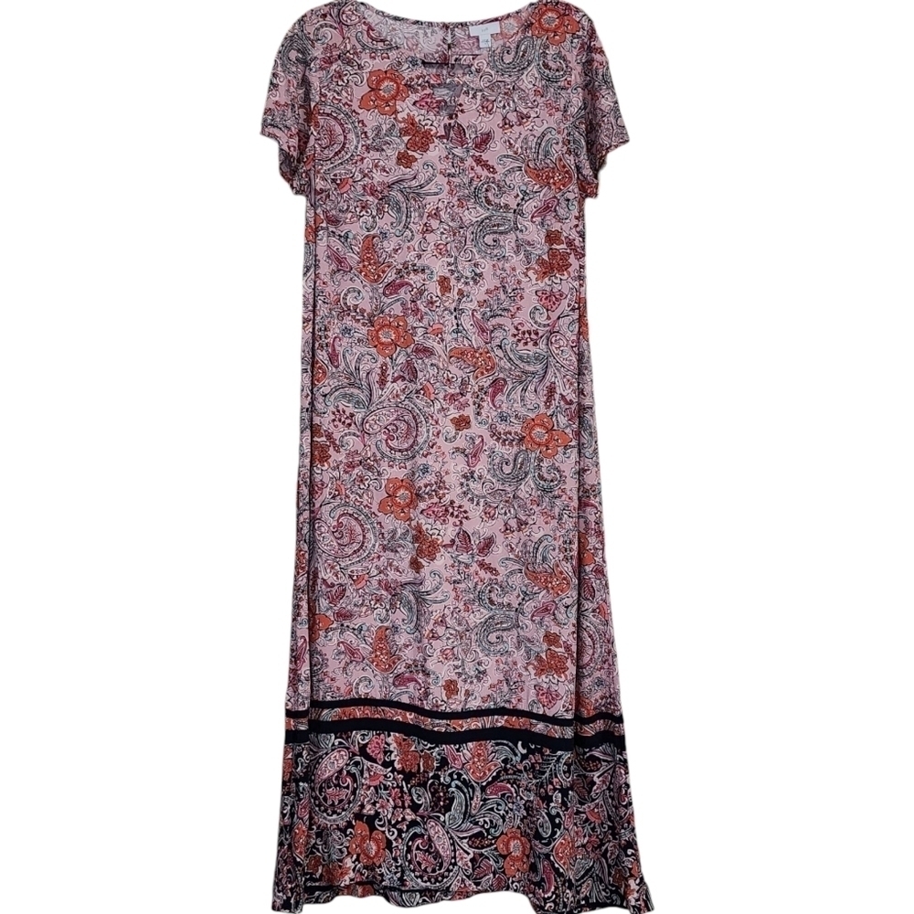 J Jill Boho Dress Full Length Maxi Short Sleeve Floral Rayon Paisley Size Med. - Picture 15 of 15